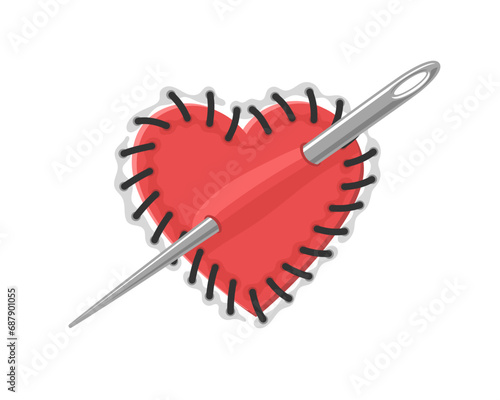 Heart-shaped red patch pierced with a needle. Vector illustration