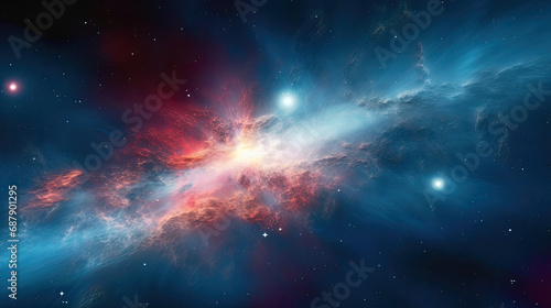  radiant explosion of blue and red illuminates the universe In vast expanse of the cosmos.Nebula and galaxies in space with stars and space dust in the universe photo