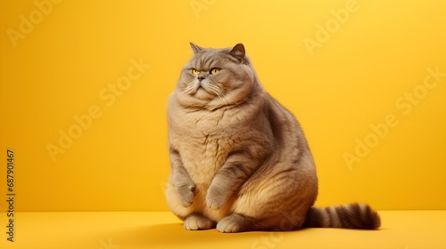 Overweight cat looking to side on yellow background, studio shot, copy space. Generative AI