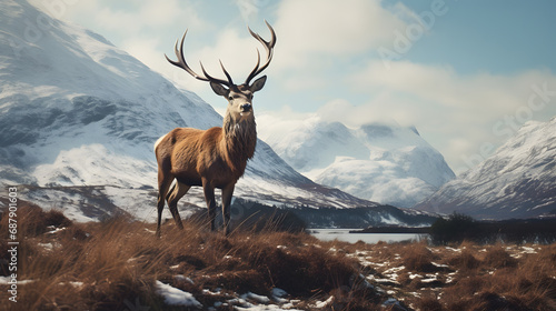 Beautiful red deer stag in winter landscape of Scotland, UK.