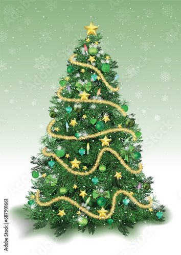 Decorated Christmas Tree in Green Colored Tones with Background with Falling ...