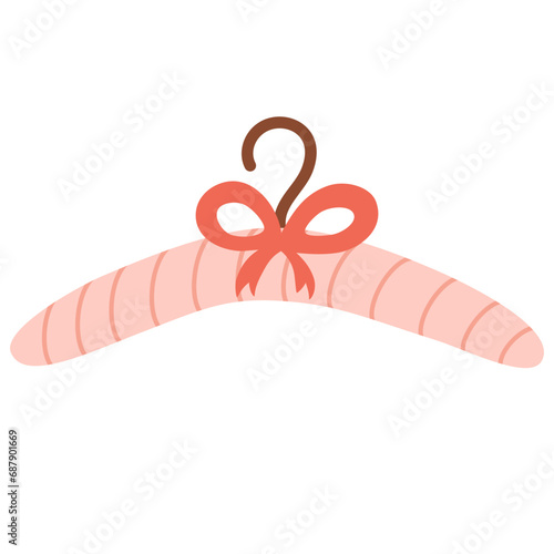 Padded textile hanger with bow for hanging garment, clothes. Soft textile wardrobe accessory for storing apparel in cloakroom. Storage item with bow. Flat vector illustration isolated