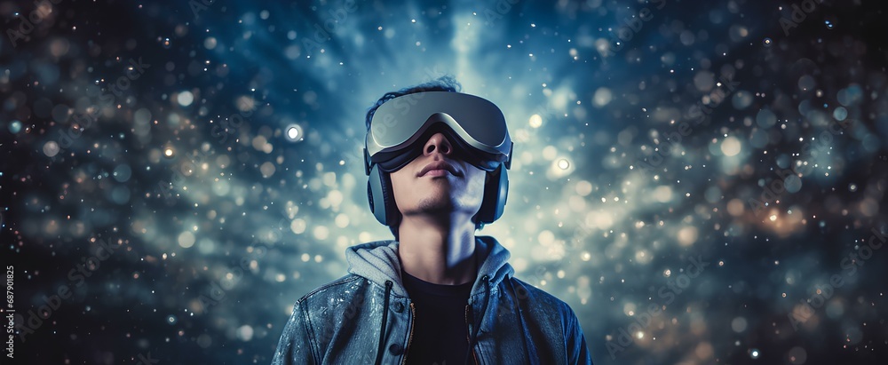 young man with VR headset consisting starry and start up concept background. Future technology concept. generative AI young man with VR headset consisting starry and start up concept background. Future technology concept. generative AI
