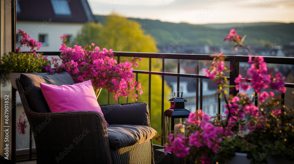 Cozy summer balcony with rattan cross and blooming colorful flowers overlooking sunset. Comfortable place for reading and relaxing. - obrazy, fototapety, plakaty 