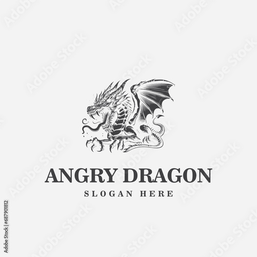 dragon logo design, with an angry expression, and in black and white monochrome style