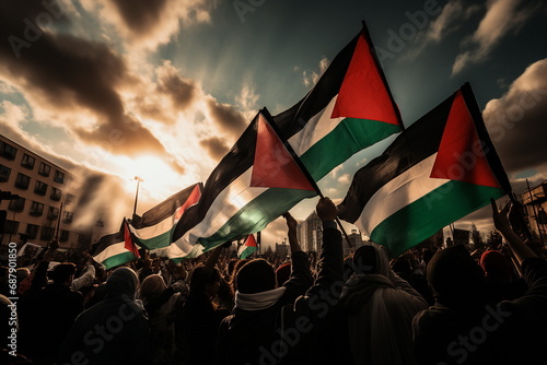 protest people with palestine flag photo