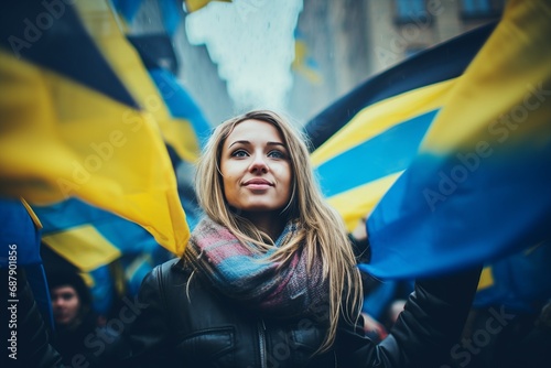 protest woman with ukrainian flag photo