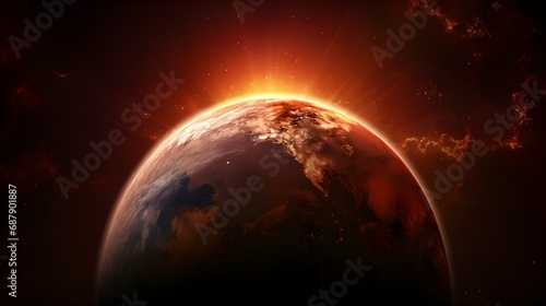 red sunrise, view of earth from space, copy space. Generative AI