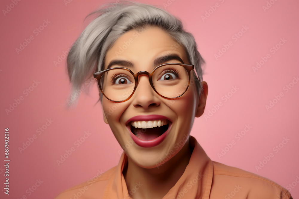 Fictional Caucasian woman with light silver hair wearing glasses while expressing her surprise - on a light pink background. Fictional Caucasian woman with light silver hair wearing glasses while expressing her surprise - on a light pink background.