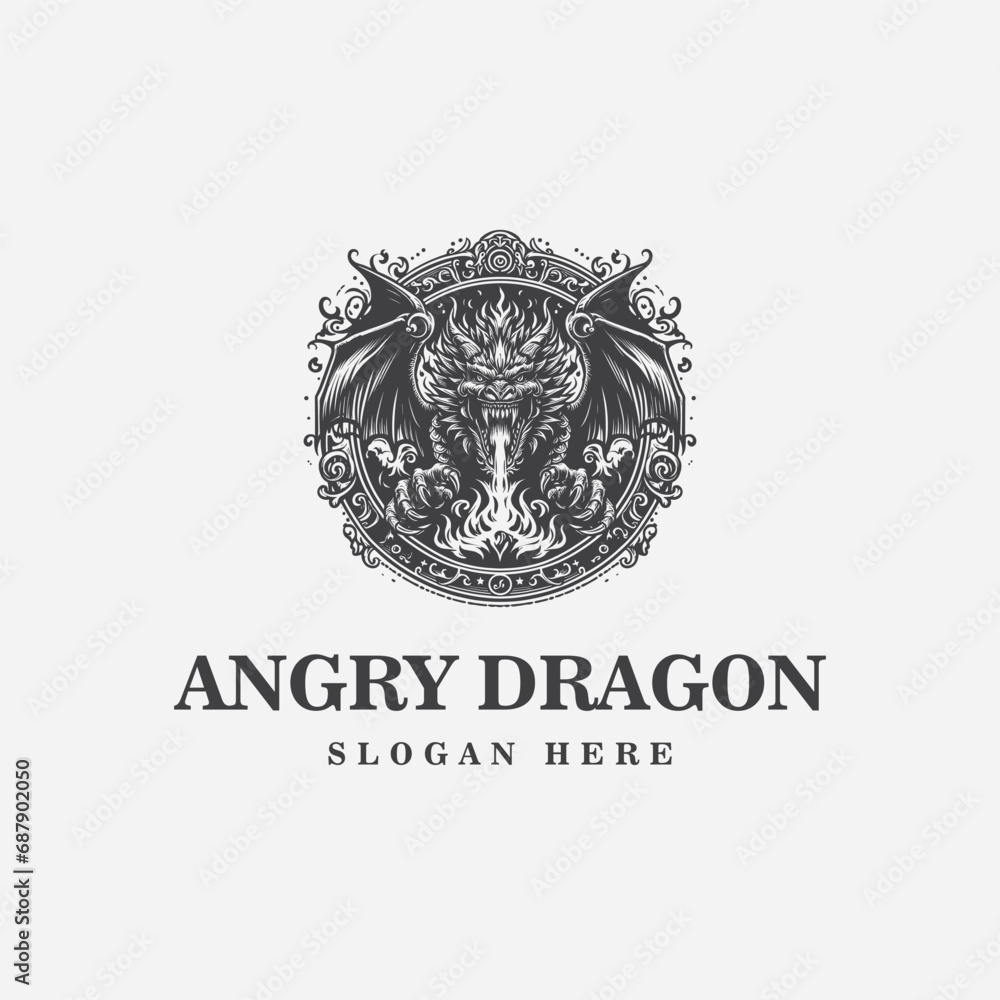dragon logo design, with an angry expression, and in black and white monochrome style dragon logo design, with an angry expression, and in black and white monochrome style