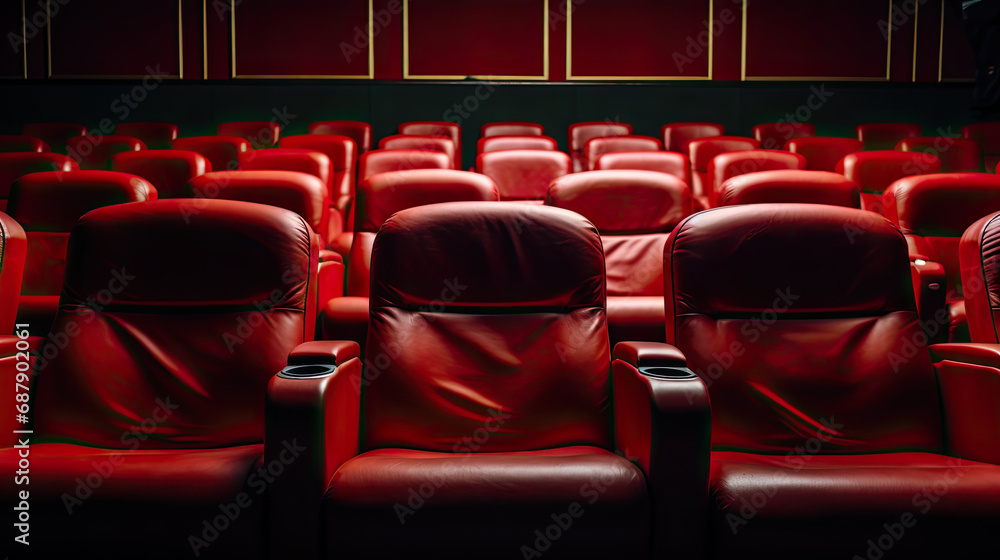 Obraz premium A close up of a row of red chairs in a theater features a detailed view of theater seating. Ideal for promotional materials, newsletters, or articles related to performing arts, cinema, or event ven