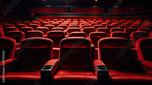 A close up of a row of red chairs in a theater features a detailed view of theater seating. Ideal for promotional materials, newsletters, or articles related to performing arts, cinema, or event ven photo