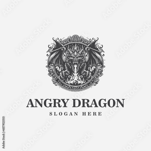 dragon logo design, with an angry expression, and in black and white monochrome style