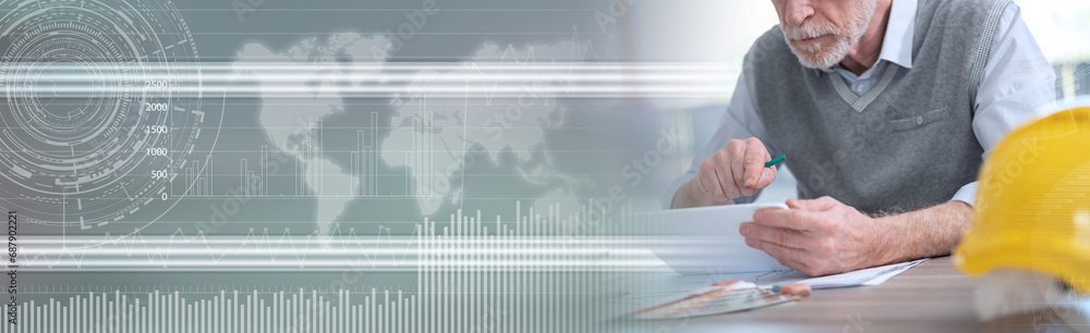 Architect working on a project; panoramic banner Architect working on a project; panoramic banner