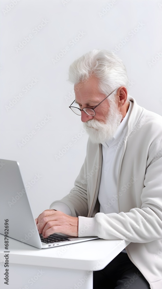 Side view portrait of a elderly white male working with his laptop on a white background with space for text, AI generated