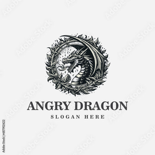 dragon logo design, with an angry expression, and in black and white monochrome style