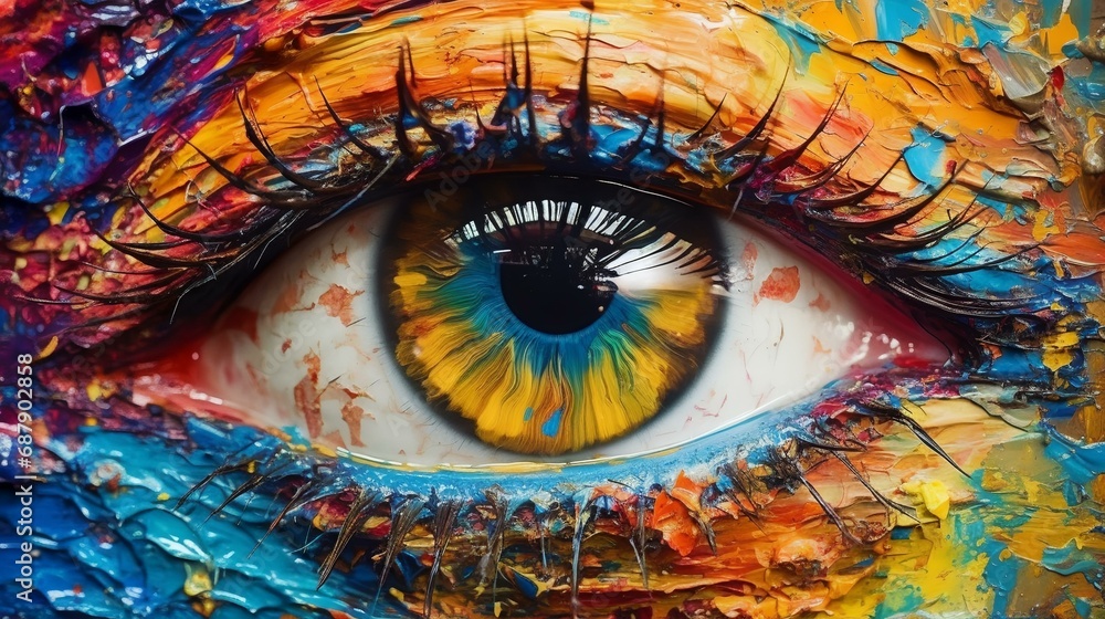 Close up view of beautiful female eye with multicolored makeup.
