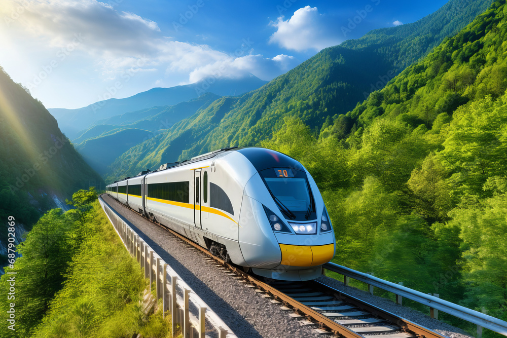 In summer, a modern high-speed train runs on the high-speed rail outside the city - obrazy, fototapety, plakaty 