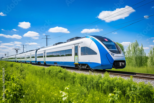 A modern high-speed train travels outside the city in summer