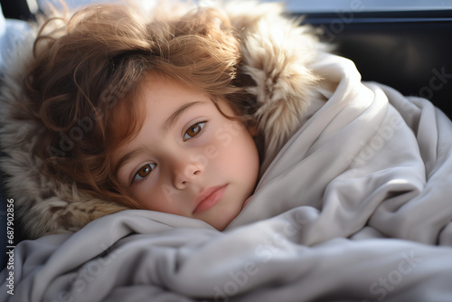 A small child sleeps in a car. Sweet, restful dreams. Travel concept, travel by car with children in a winter