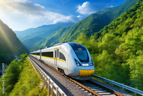 In summer, a modern high-speed train runs on the high-speed rail outside the city photo