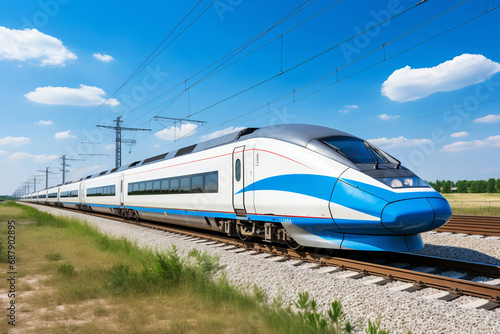 A modern high-speed train runs on the high-speed rail outside the city in summer.