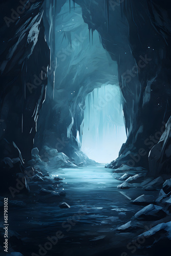 Fantasy dark cave with blue light