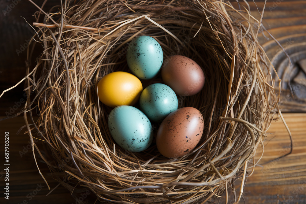 Colorful Easter eggs in a nest. Easter symbol Colorful Easter eggs in a nest. Easter symbol