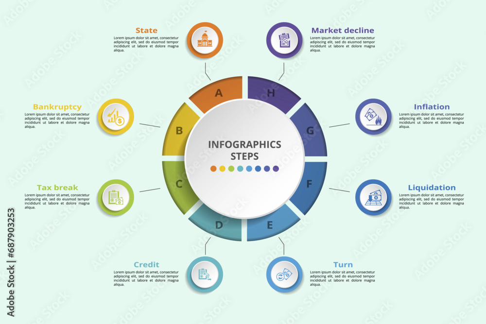Naklejka premium Infographics with Crisis theme icons, 10 steps. Such as state, bankruptcy, tax break, credit and more.