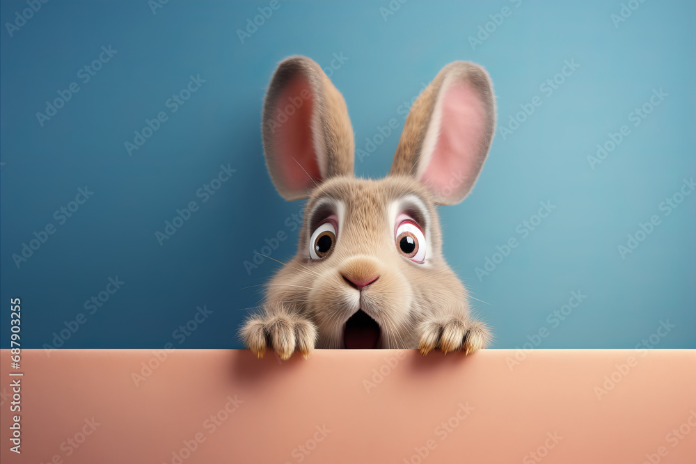 Fototapeta premium funny scared bunny expressing great surprise while looking at camera on plain background close up