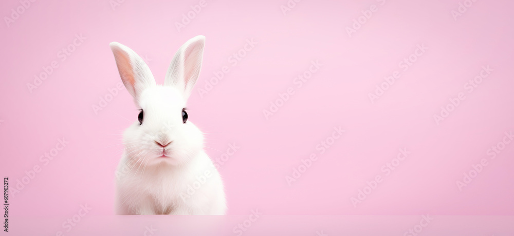 Cute white Easter bunny on pink background close up Cute white Easter bunny on pink background close up