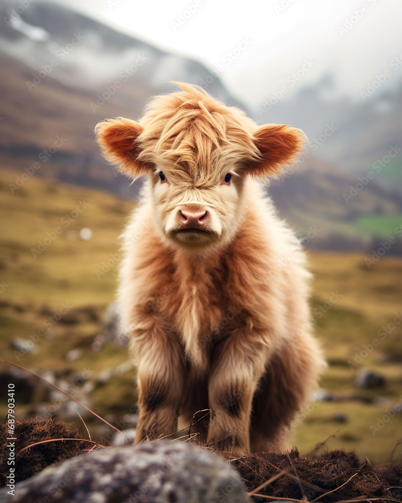 cute little scottish cow on a hill with mountains on the background, Generative AI