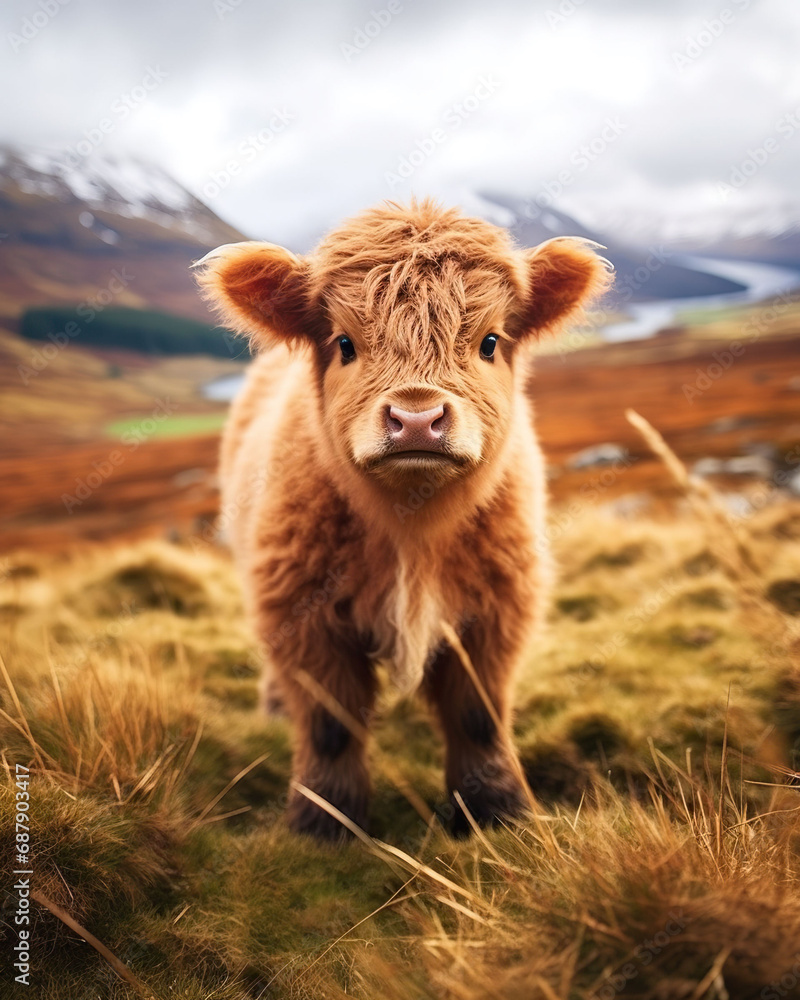 cute little scottish cow on a hill photography, Generative AI cute little scottish cow on a hill photography, Generative AI