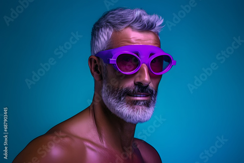 Colorful studio portrait of a  fit and healthy man in swimming equipment having fun, Plum & Turquoise. Generative AI photo