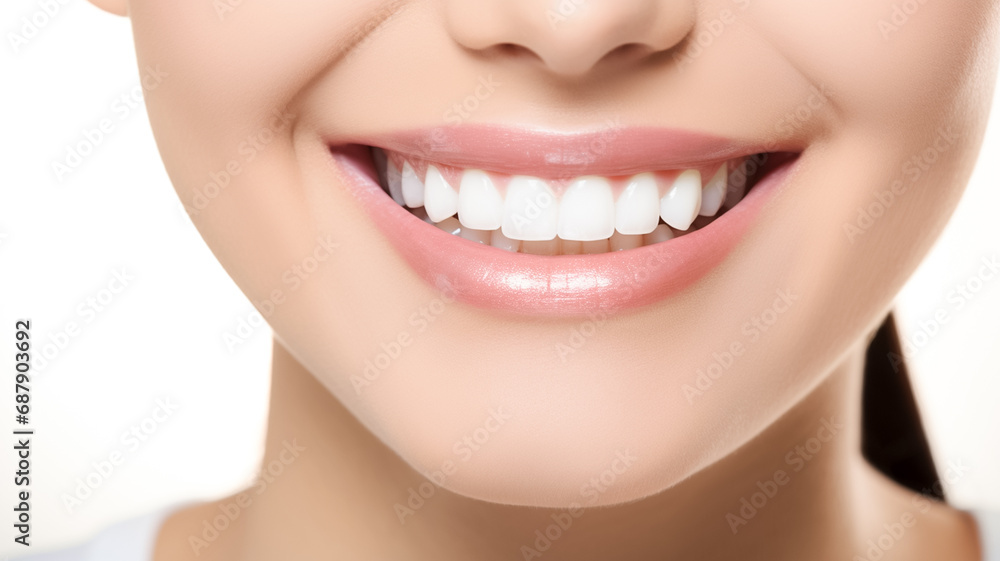 Obraz premium Closeup of beautiful smile with white teeth. Woman mouth smiling.