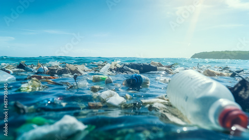 Plastic carrier bags and other garbage pollution in ocean. Marine plastic pollution concept. 