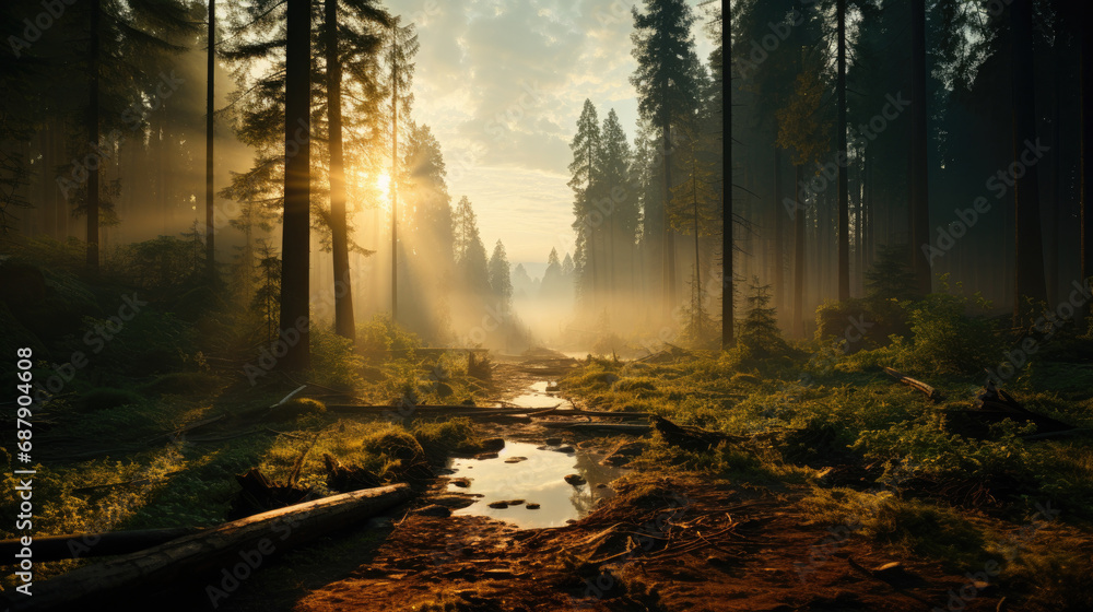 the sun shines into a forest with redwood trees, the sun shines into a forest with redwood trees,