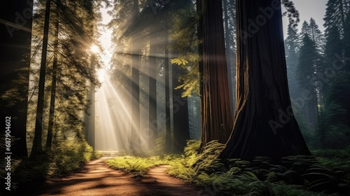 the sun shines through redwood trees with fog  Sunlight through redwood forest with tall trees.  a serene forest scene with sunlight filtering through the foliage  