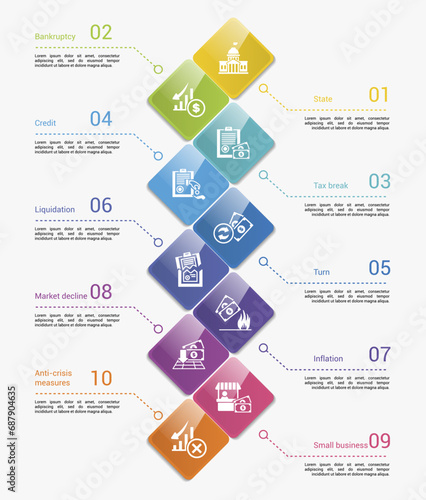Infographics with Crisis theme icons, 10 steps. Such as state, bankruptcy, tax break, credit and more.