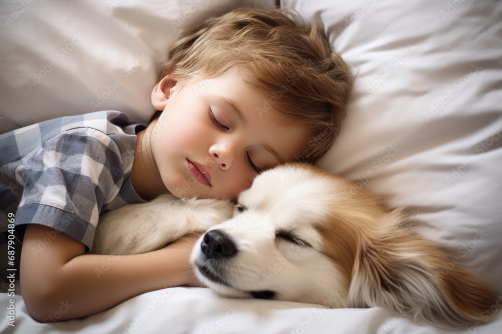 Little Boy And Dog Sleeping Together In White Bed. Сoncept Cozy Bedtime, Adorable Friendship, Dreaming Pals, Peaceful Slumber Little Boy And Dog Sleeping Together In White Bed. Сoncept Cozy Bedtime, Adorable Friendship, Dreaming Pals, Peaceful Slumber