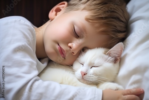 Little Boy And Cat Sleeping Together In White Bed. Сoncept Cute Animal Friends, Heartwarming Moments, Unlikely Bedfellows
