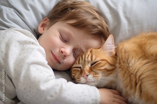 Little Boy And Cat Sleeping Together In White Bed