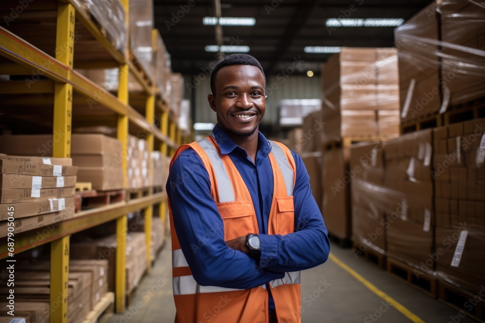 African Worker Stands Among Stacked Shelves In Warehouse African Worker Stands Among Stacked Shelves In Warehouse