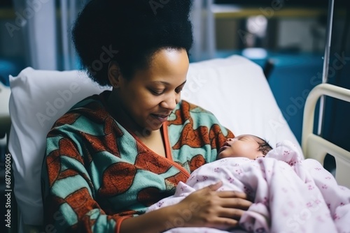 African Mother With Newborn Baby In Hospital Bed. Сoncept Maternity Photoshoot, Newborn Portraits, Hospital Setting, Motherhood Moments photo