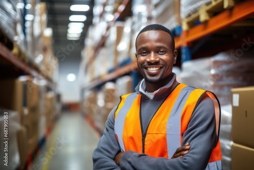 African Worker Stands Among Stacked Shelves In Warehouse