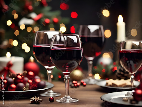 red wine in glasses on bokeh background
