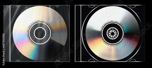 Sleek Modern Vinyl Record Design with Reflective Rainbow Surface and Central Emblem. Super jewel case with cd inside mockup cd. Vector illustration photo