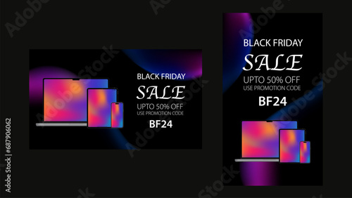 Realistic Smartphone, Laptop and Tablet Computer Promotion Banner. Smart Devices Presentation slide mockup on liquid bubbles background. Vector illustration.