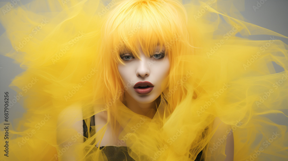 Abstract View of Woman with Yellow Hair Poses for Picture Fashion Style Cover Magazine and Wallpaper