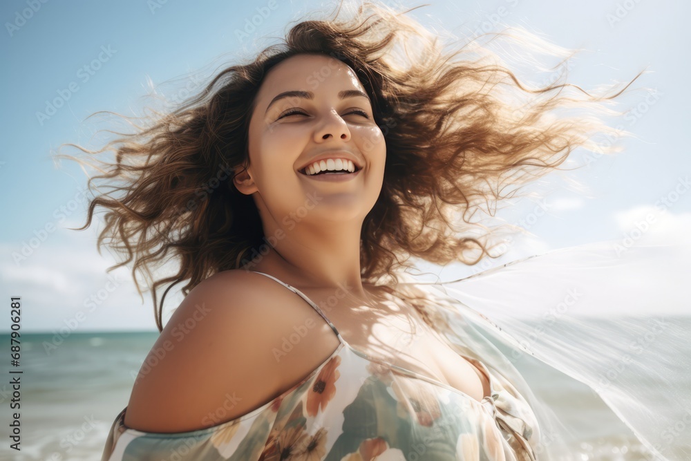 Body Positivity Plus Size Woman Enjoying Beach Day. Сoncept Traveling Solo, Adventure Sports, Healthy Recipes, Diy Home Decor Body Positivity Plus Size Woman Enjoying Beach Day. Сoncept Traveling Solo, Adventure Sports, Healthy Recipes, Diy Home Decor